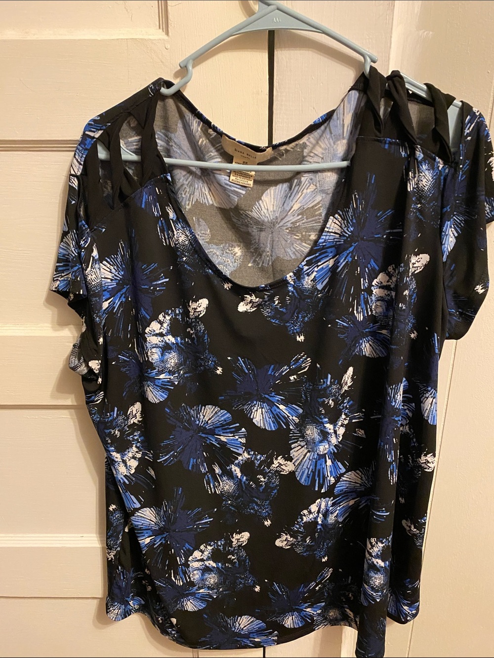 Black Floral Scoop Neck Blouse with Blue & White Accents